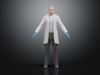 3D Human Lab Character In White Coat With Blue Gloves Standing 3d model