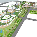 Innovative Commercial Complex Featuring Circular Buildings Green Roofs And Open Pedestrian Spaces