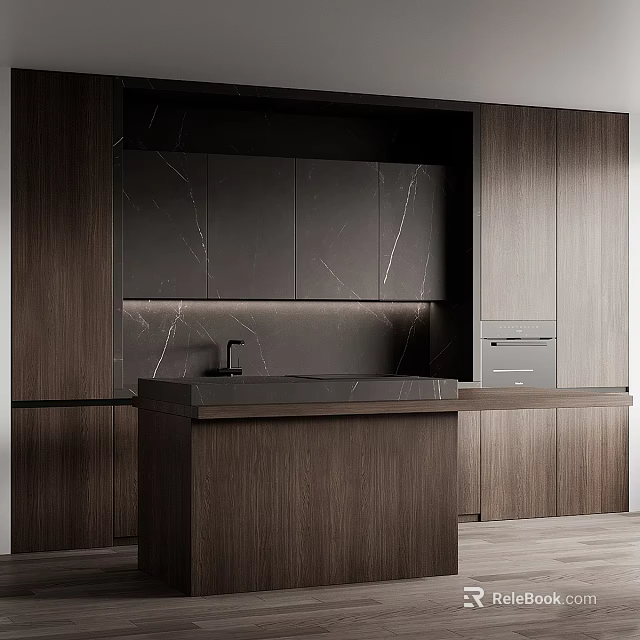 Sleek Modern Kitchen Interior Design With Dark Wooden Cabinets And Marble Countertop 3d model 