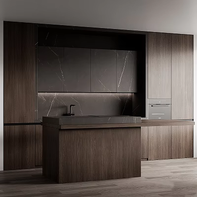 Sleek Modern Kitchen Interior Design With Dark Wooden Cabinets And Marble Countertop 3d model