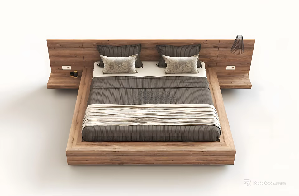 Minimalist Modern Double Bed With Wooden Headboard Side Platforms And Striped Linen 3d model 