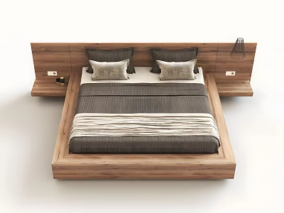 Minimalist Modern Double Bed With Wooden Headboard Side Platforms And Striped Linen 3d model