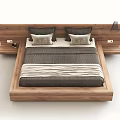 Minimalist Modern Double Bed With Wooden Headboard Side Platforms And Striped Linen