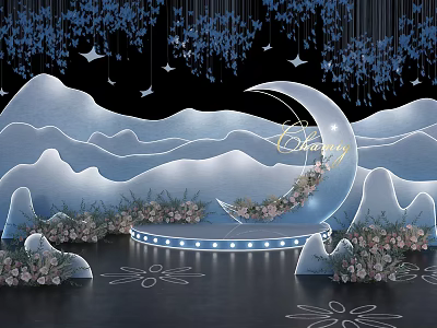 Enchanting Moon Arch Event Decor With Mountain Shapes Star Hangings Flowers And Circular Stage 3d model
