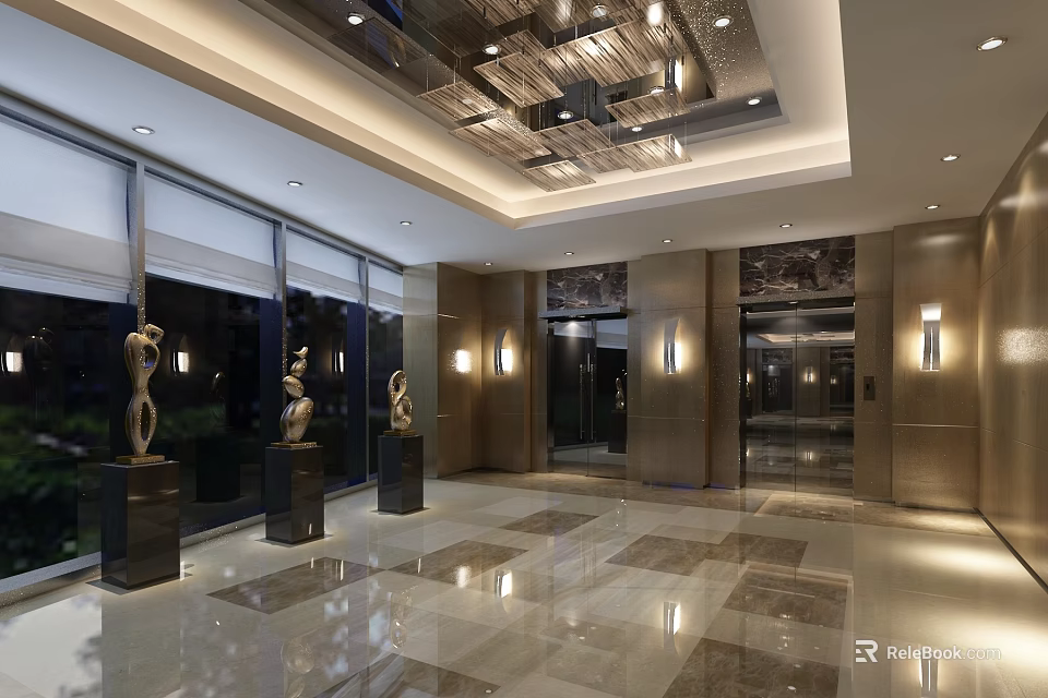 Elegant Modern Elevator Lobby Interior Design With Marble Floor And Decorative Sculptures 3d model 