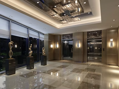 Elegant Modern Elevator Lobby Interior Design With Marble Floor And Decorative Sculptures 3d model