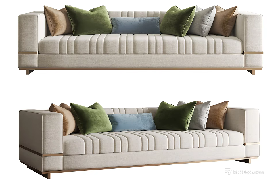 Modern Sectional Sofa With Tufted Design And Colorful Decorative Pillows 3d model