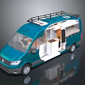 Blue Volkswagen Camper Van With Open Door Interior Bed Kitchen Area And Roof Rack