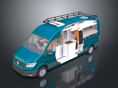 Blue Volkswagen Camper Van With Open Door Interior Bed Kitchen Area And Roof Rack 3d model