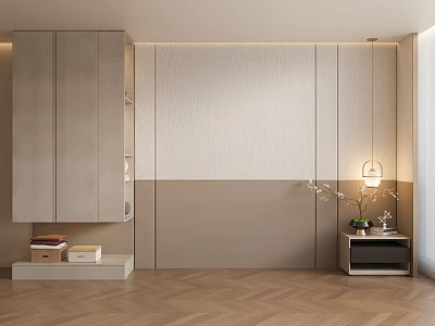 Modern Bedroom Accent Wall With Textured Surface Pendant Light And Wooden Flooring 3d model