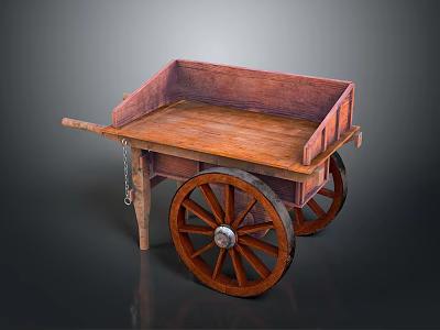Vintage Wooden Cart With Large Spoked Wheels Chain And Wooden Bed Frame 3d model