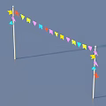 Colorful Triangular Flags Hanging Between Two Poles Against Blue Sky With White Clouds