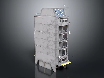 Multi Story Concrete Residential Building With Balconies Solar Panels And Yellow Entrance Awning 3d model