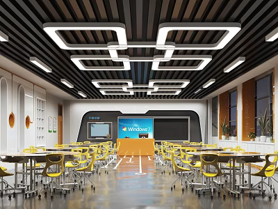 Modern Meeting Room Interior with Yellow Chairs Long Tables Ceiling Light Strips and Display Screen 3d model