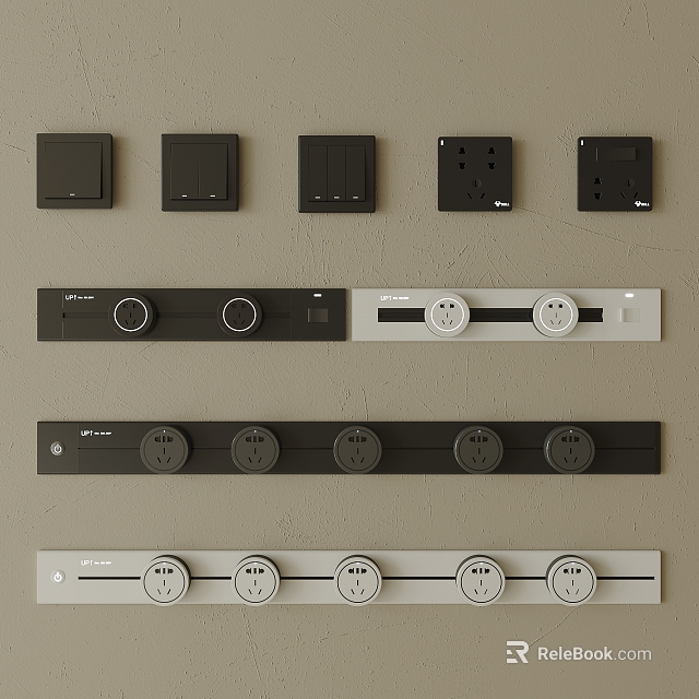 Modern Black And White Switch Panels With Single Double Switches And Socket Outlets 3d model 