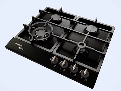 Modern Black Gas Cooktop With Four Burners And Control Knobs 3d model
