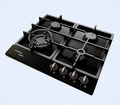 Modern Black Gas Cooktop With Four Burners And Control Knobs 3d model
