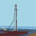 Offshore Drilling Platform With Tall Rig Red Pile Structures And Vessel On Water