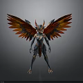Colorful Mythical Female Warrior With Red Orange Wings Blue Body And Golden Accents