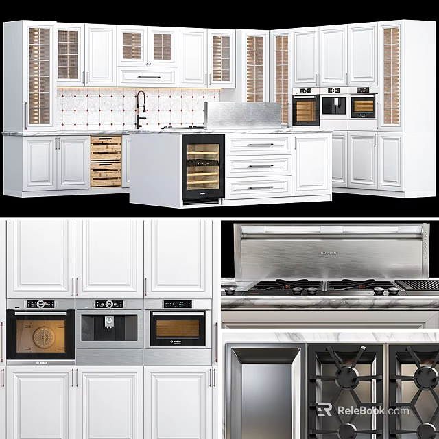 White Modern Kitchen Cabinets With Island Countertop And Built In Ovens 3d model 
