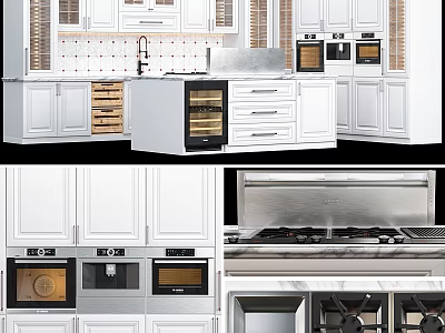 White Modern Kitchen Cabinets With Island Countertop And Built In Ovens 3d model