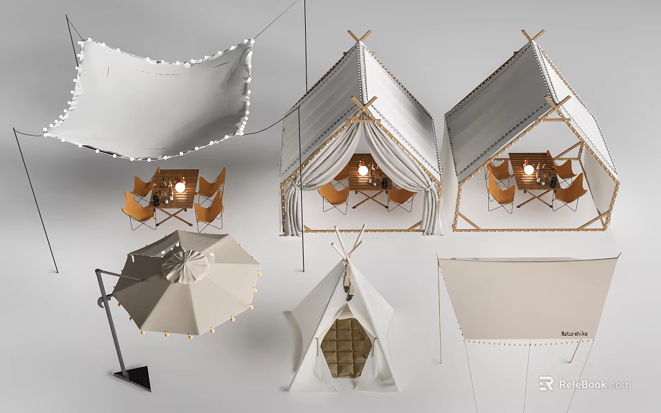 Multiple Outdoor Camping Tents With Interior Tables Chairs Setup And Various Angles View 3d model