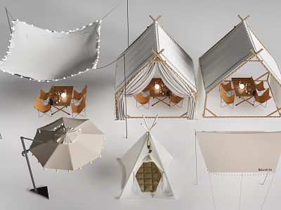 Multiple Outdoor Camping Tents With Interior Tables Chairs Setup And Various Angles View 3d model