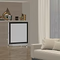 Modern Living Room Entertainment Console With Gramophone Green Plants Large Screen TV Sofa And Curtains