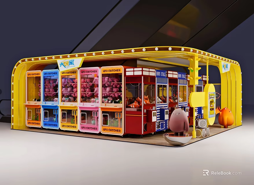Vibrant Yellow Amusement Booth With Colorful Game Machines And Cartoon Pig Figures 3d model 