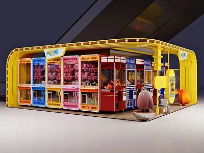 Vibrant Yellow Amusement Booth With Colorful Game Machines And Cartoon Pig Figures 3d model