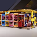 Vibrant Yellow Amusement Booth With Colorful Game Machines And Cartoon Pig Figures