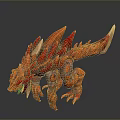 Red Spiked Monster Creature Model With Horned Head And Orange Textured Body