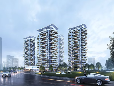 Modern High Rise Residential Buildings With Surrounding Greenery And Road Traffic 3d model