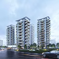Modern High Rise Residential Buildings With Surrounding Greenery And Road Traffic
