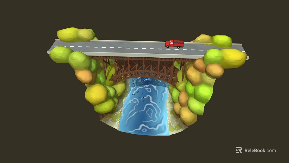 Scenic Natural Landscape With Winding Blue River Green Yellow Rocks Wooden Bridge And Red Truck 3d model 