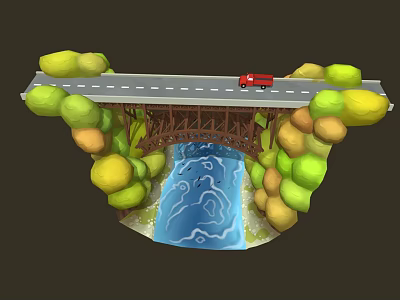 Scenic Natural Landscape With Winding Blue River Green Yellow Rocks Wooden Bridge And Red Truck 3d model