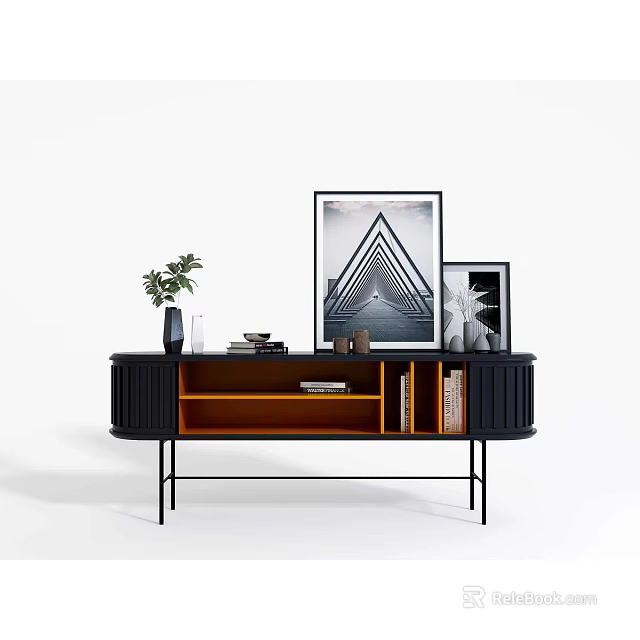 Modern Sideboard With Wooden Top Black Finish Metal Legs And Decorative Plants Photo Frames Books 3d model 