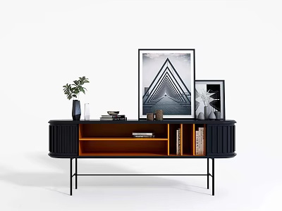 Modern Sideboard With Wooden Top Black Finish Metal Legs And Decorative Plants Photo Frames Books 3d model