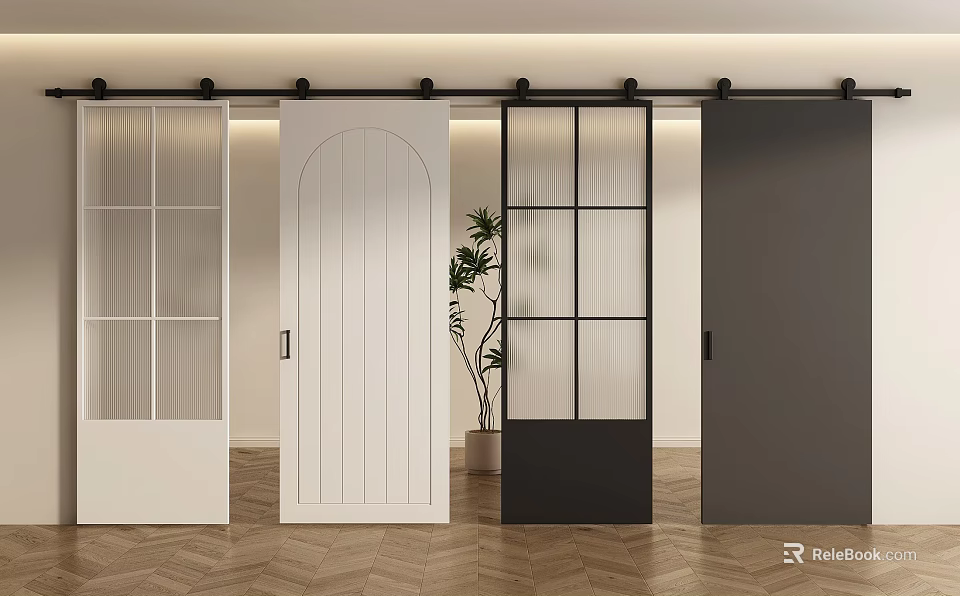 Modern Barn Doors With White Arched Design Glass Panels And Gray Black Styles In Interior 3d model 