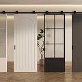 Modern Barn Doors With White Arched Design Glass Panels And Gray Black Styles In Interior