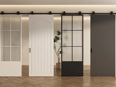 Modern Barn Doors With White Arched Design Glass Panels And Gray Black Styles In Interior 3d model