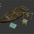 Wooden Boat With Crossed Oars Hanging Bucket Stool And Wicker Basket