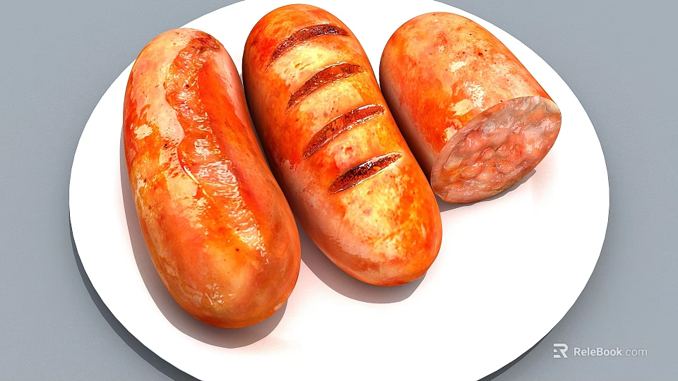 Three Juicy Grilled Sausages On White Plate With Sliced Portion And Charred Marks 3d model 