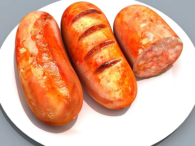 Three Juicy Grilled Sausages On White Plate With Sliced Portion And Charred Marks 3d model