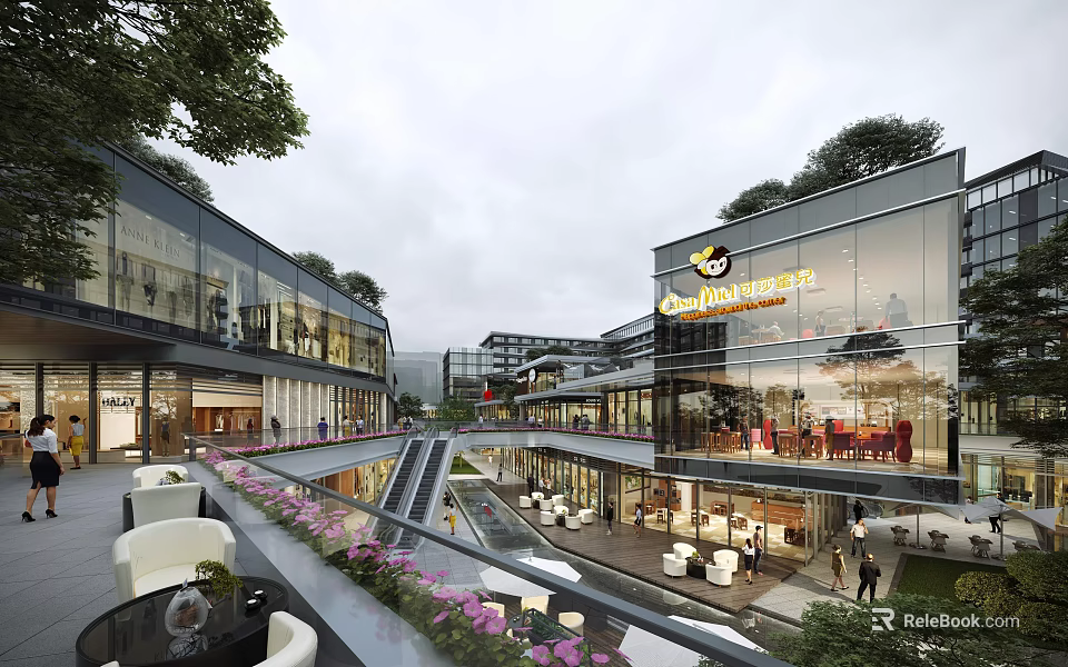 Modern Commercial Street With Glass Facades Greenery And Leisure Plaza Space 3d model 