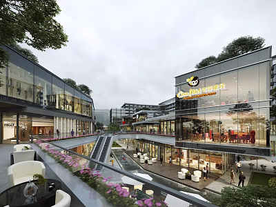 Modern Commercial Street With Glass Facades Greenery And Leisure Plaza Space 3d model