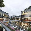 Modern Commercial Street With Glass Facades Greenery And Leisure Plaza Space
