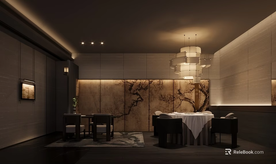 Elegant Modern Private Dining Room With White Tablecloth Table Dark Chairs Decorative Wall And Chandelier 3d model