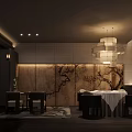 Elegant Modern Private Dining Room With White Tablecloth Table Dark Chairs Decorative Wall And Chandelier 3d model