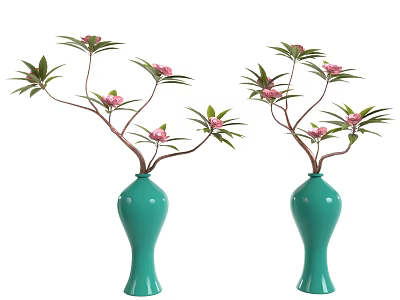 Two Green Ceramic Vases With Pink Flowers Green Leaves And Branches 3d model
